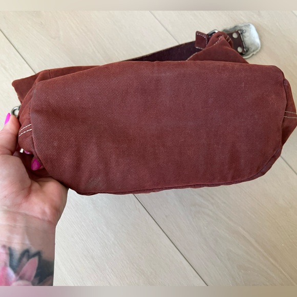 Fossil Brand Brown Canvas Hobo Bag with Leather Strap with Rhinestone Buckle - Picture 8 of 9